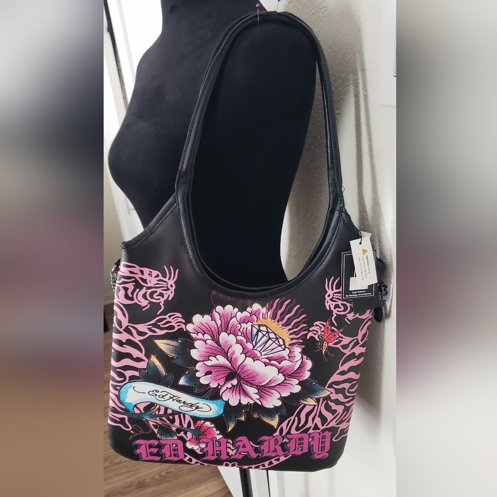 Ed Hardy Black and Pink Floral Shoulder Bag - Picture 1 of 10